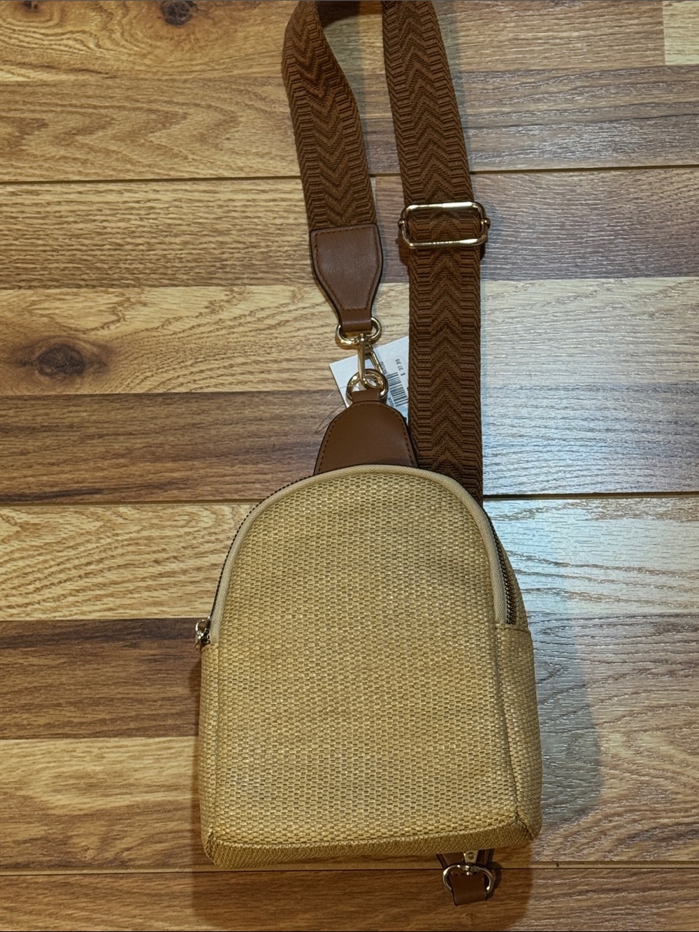 Ellen Degeneres Tan Woven Mini Crossbody with Brown Strap